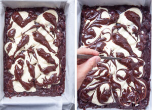 Left image is thinned out brownie batter spooned over the cream cheese filling. Right image is a hand swirling and marbling the batter with a chopstick.