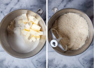 Left image is a mixing bowl with flour, sugar and butter in it. Right image is the mixing bowl with those ingredients blended together until the texture of the mixture is like damp sand.