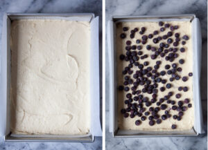 Left image is coffee cake batter spread out in a 9 x 13 inch pan. Right image is blueberries sprinkled over the cake batter.