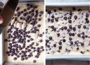 Left image is a bowl with cream cheese batter being poured over a blueberry topped cake batter in a pan. Right image is more blueberries sprinkled over the cream cheese batter.