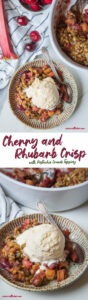 Top image is a bowl of cherry rhubarb crisp with a scoop of ice cream in it. Next to the bowl is the remaining crisp, as well as fresh rhubarb and fresh cherries. Bottom image is a a bowl of cherry rhubarb crisp with a scoop of ice cream on it, with the remaining crisp in the casserole dish behind the bowl.