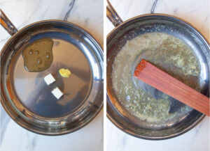 Left image is honey, butter and ginger in a skillet. Right image is the ingredients cooked until frothy and bubbly.