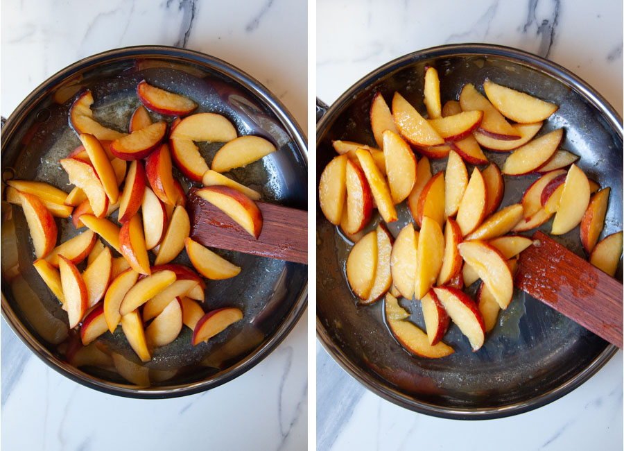 Left image is peaches added to a skillet with butter honey ginger glaze. Right image is peaches cooked until they have just started to soften.