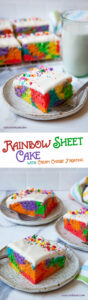 Top image is a slice of rainbow sheet cake with a glass of milk and more pieces of cake behind it. Bottom is a slice of rainbow sheet cake with more pieces behind it. The text on the image says "Rainbow Sheet Cake with Cream Cheese Frosting" in the middle.