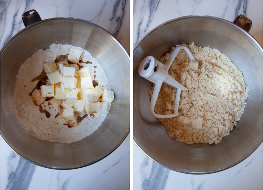 Left image is dry ingredients in a metal mixing bowl with vanilla and cubes of butter in it. Right page is the ingredients mixed together until the butter is incorporated, creating a crumbly damp and sandy textures mixture.