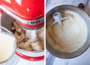 Left image is the glass measuring cup drizzling the liquid into the bowl of the stand mixer with the mixer turned on. Right image is the cake batter made.