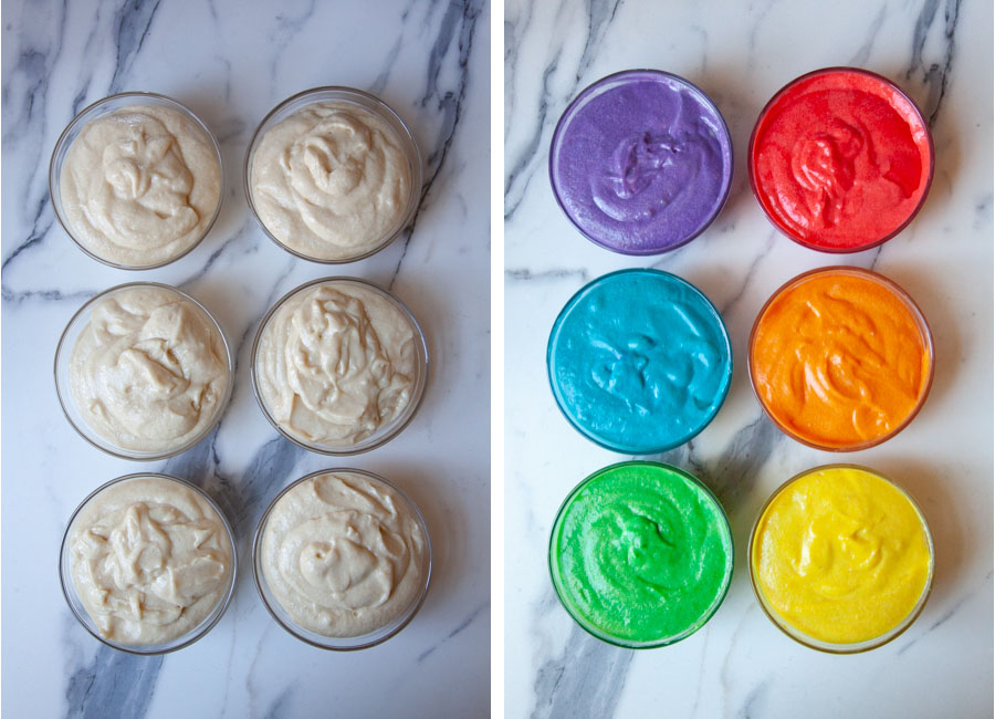 Left image is cake batter in six glass bowls. Right image is cake batter dyed 6 different colors.