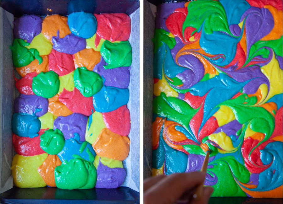 Left image is different colored cake batter in a cake pan. Right image is a hand swirling the batter together with a chopstick.