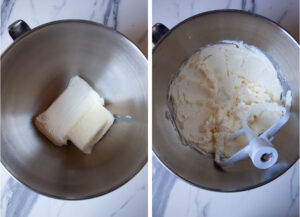 Left image is softened butter and cream cheese in the bowl of a stand mixer. Right image is the two ingredients mixed together.