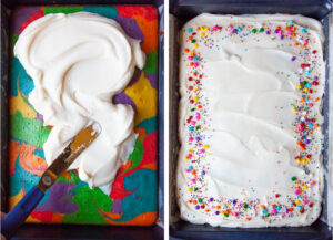 Left image is a spatula spreading frosting over the baked rainbow sheet cake. Right image is rainbow sprinkles on the edges of the cake.