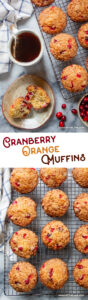 Top image is a cranberry orange muffin broken open on a plate, with a mug of tea next to it and more muffins on a wire cooling rack. Bottom is cranberry orange muffins on a wire cooling rack. Text on the image says "Cranberry Orange Muffins."