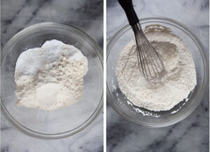 Left image is flour, baking powder, baking soda, and salt in a mixing bowl. Right image is a balloon whisk in the bowl that has mixed all the dry ingredients together.
