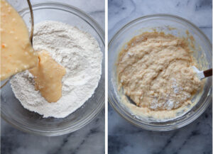 Left image is liquid ingredients for the muffin batter being poured into the dry ingredients for the muffin batter. Right image is a silicone spatula folding and mixing the muffin batter together.