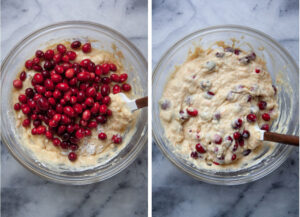 Left image is cranberries added to the muffin batter. Right image is cranberries folded and mixed into the muffin batter.