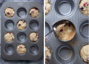 Left image is a muffin pan with alternative cups filled with muffin batter. Right image is a spoon sprinkling coarse Turbinado sugar on top of the muffin batter.