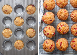 Left image is uncooked muffin batter in alternating cups in a muffin tin. Right image is muffins resting on a wire cooling rack.
