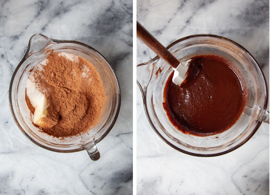 Left image is a glass mixing bowl with butter, sugar and cocoa in it. Right image is the butter melted and the cocoa and sugar stirred in.