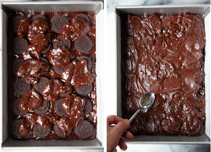 Left image is brownie batter that has been spooned over the Oreos. Right image is a spoon spreading the batter over the Oreo cookies.