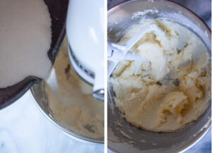 Left image is sugar being slowly poured into the mixing bowl of a stand mixer with butter and cream cheese well blended. Right image is the sugar mixed into the butter and cream cheese to the point where it is clinging to the side of the bowl and is fluffy and light colored.