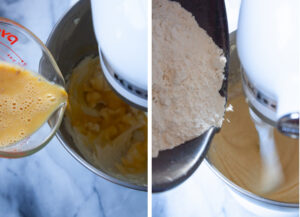 Left image is egg drizzled into the bowl of creamed sugar, butter and cream cheese. Right image is flour being added to the cake batter.