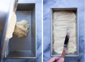 Left images is pound cake batter being poured into a loaf pan. Right image is a small offset spatula smoothing out the batter on top.