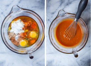 Left image is pumpkin puree, maple syrup, olive oil, brown sugar, eggs, baking powder, pumpkin pie spice, maple extract, vanilla extract, and salt in a glass mixing bowl. Right image is all the ingredients mixed together with a balloon whick in the bowl.