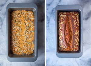 Left image is maple pumpkin bread batter with pumpkin seeds in a prepared pan. Right image is baked bread, cooling in the pan.