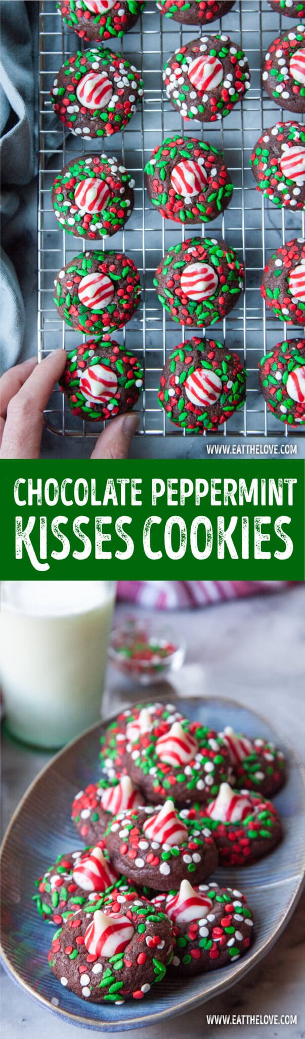 Top image is a hand reaching for chocolate peppermint kisses cookies on a wire rack. Bottom image is chocolate peppermint kisses cookies on a a blue oval plate with a glass of milk next to the plate.