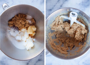 Left image is butter, white sugar, dark brown sugar, baking powder, salt, vanilla extract, peppermint extract, and instant espresso in the bowl of a stand mixer. Right image is ingredients creamed together into a paste clinging to the side of the bowl.