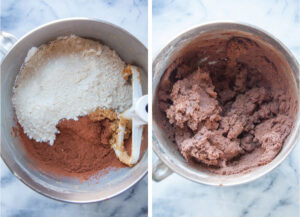Left image is flour and cocoa added a mixing bowl for cookie dough. Right image is the peppermint chocolate cookie dough mixed.