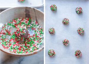 Left image is a ball of cookie dough in a bowl of red and white sprinkles. Right image is the prepared and decorated cookie dough balls on a baking pan.
