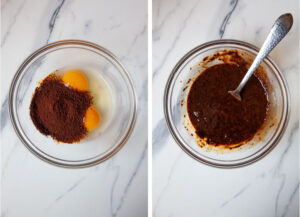 Left image is eggs and instant coffee in a bowl. Right image is eggs and instant coffee beaten together.