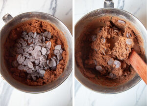 Left image is chocolate chips added to the cookie dough. Right image is chocolate chips mixed into the cookie dough.