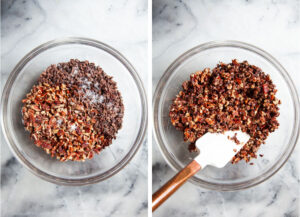 Left image is toasted pecans and cacao nibs with salt in a bowl. Right image is a spatula in the bowl with stirred up pecan nuts and cacao nibs mixed with melted butter.