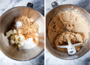 Left image is butter, white sugar, brown sugar, vanilla and salt in the bowl of stand mixer. Right image is ingredients creamed together until it clings to the side of the bowl.