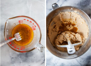 Left image is oil, egg yolks, and espresso powder beaten together in a glass measuring cup. Right image is the oil mixture added to the cake batter in the stand mixer.