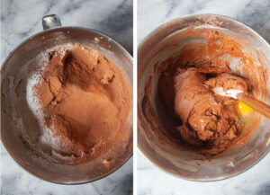 Left image is powdered sugar and cocoa powder added to the cake batter. Right image is the dry ingredients mixed in.