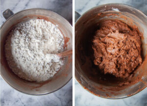 Left image is flour coated nuts and cacao nibs added to the cake batter. Right image is the inclusions mixed in.