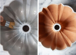 Left image is a bundt pan being brushed with melted butter. Right image is the bundt pan coated with cacao powder.