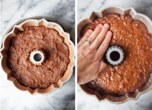 Left image is cake batter in the pan, ready to be baked. Right image is a hand pushing down on the still warm baked cake.