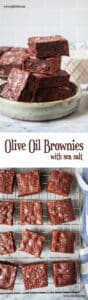 A small plate of olive oil brownies stacked on top of each other. There is a glass of milk and more brownies behind the plate.