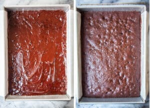 Left image is brownie batter in a pan ready to be baked. Right image is brownies baked.