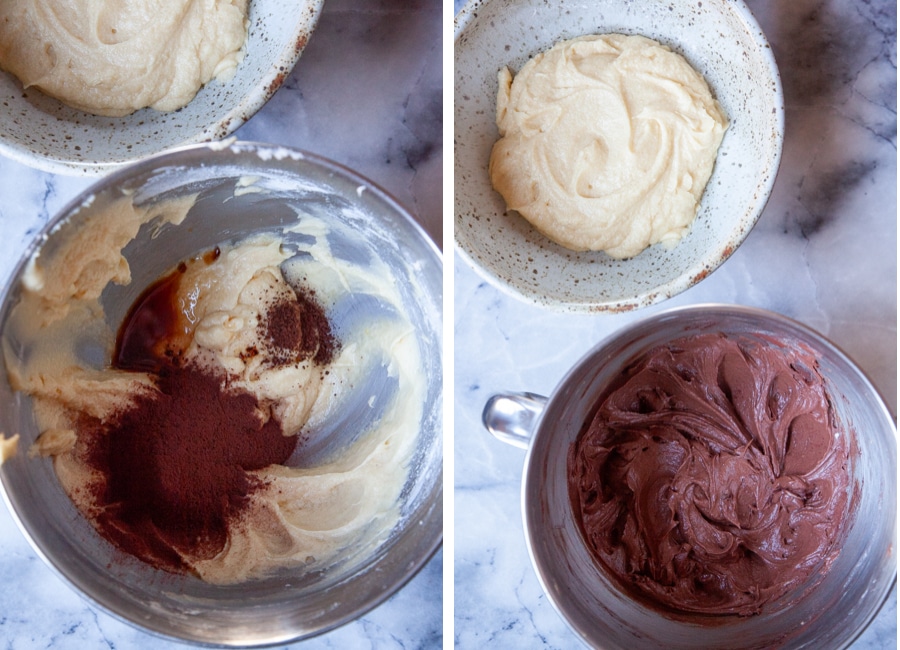 Left image is the cake batter divided into one bowl, and the remaining batter still in the mixing bowl with cocoa powder, vanilla and instant coffee. Right image is the chocolate batter mixed in the bowl, with the plain vanilla batter in another bowl next to it.