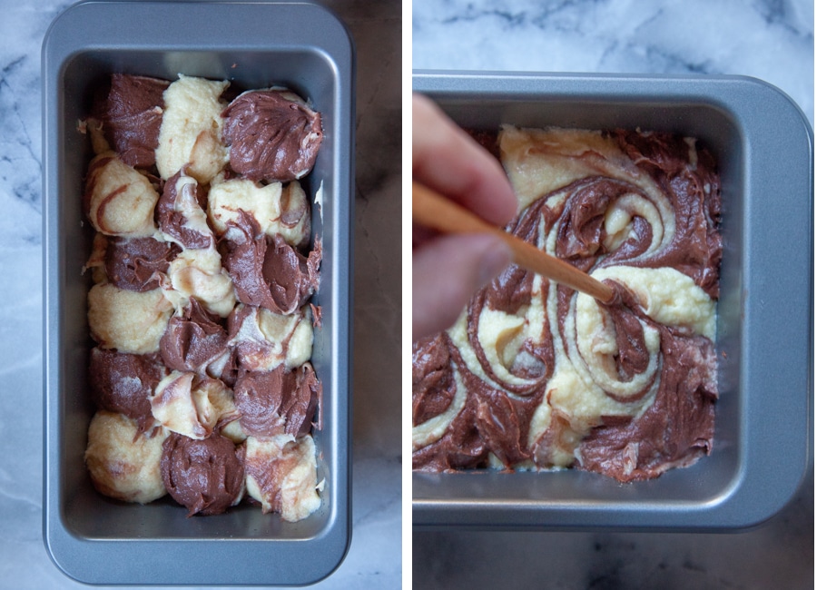 Left image is chocolate and vanilla pound cake batter alternating in a loaf pan. Right image is a hand swirling the batter together with a chopstick.
