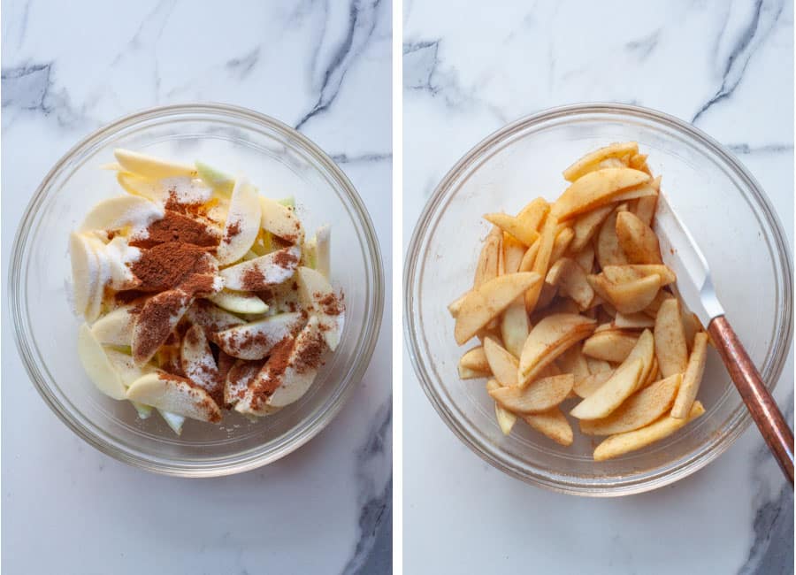 Left image is sliced apples in a bowl with cinnamon, nutmeg and sugar on top. Right image is the ingredients tossed together and then cooked in a microwave of three minutes.