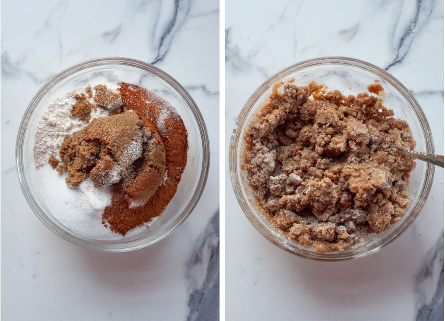 Left image is flour, brown sugar, white sugar, cinnamon, nutmeg and salt in a bowl. Right image is melted butter drizzled over the ingredients and tossed together so crumbs and chunks have formed.