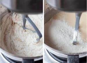 Left image is half the flour being added to the cake mix in a mixing bowl. Right image is the remaining flour being added to the cake batter.