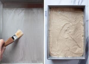 Left image is a pastry brush being used to brush melted butter into the bottom of a baking pan. Right image is coffee cake batter in the prepared pan.