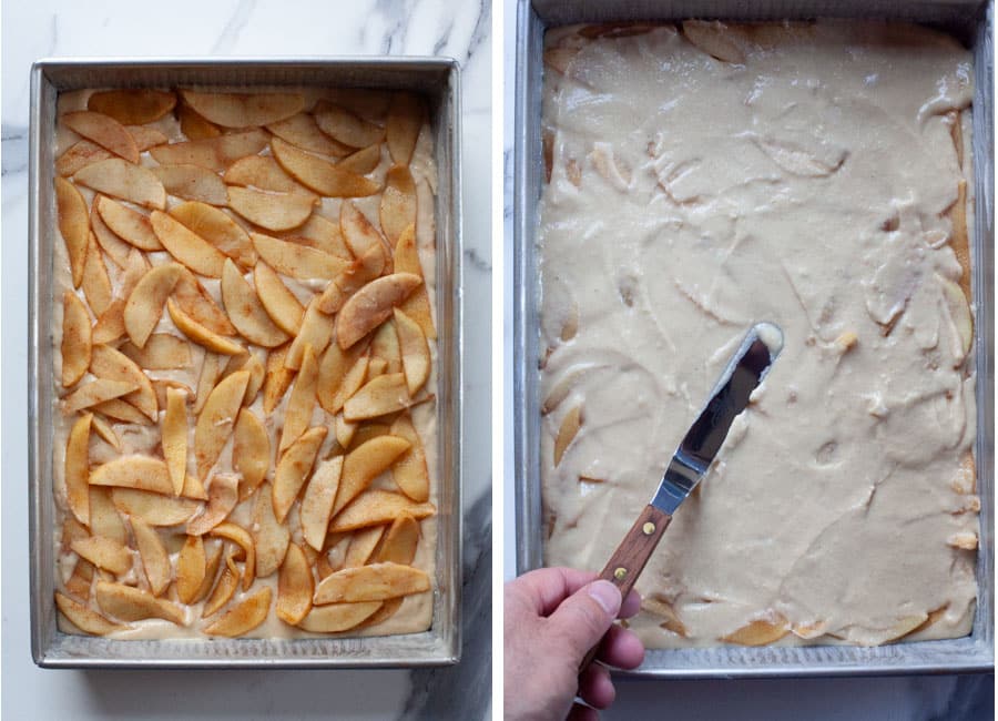 Left image is apples layered over coffee cake batter. Right image is more coffee cake batter layered over the apples and being spread over the apples with a small offset spatula.