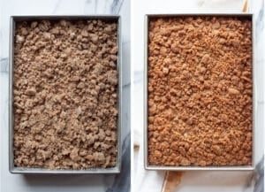 Left image is crumb topping sprinkled over the coffee cake. Right image is the coffee cake baked with the crumb topping golden brown.